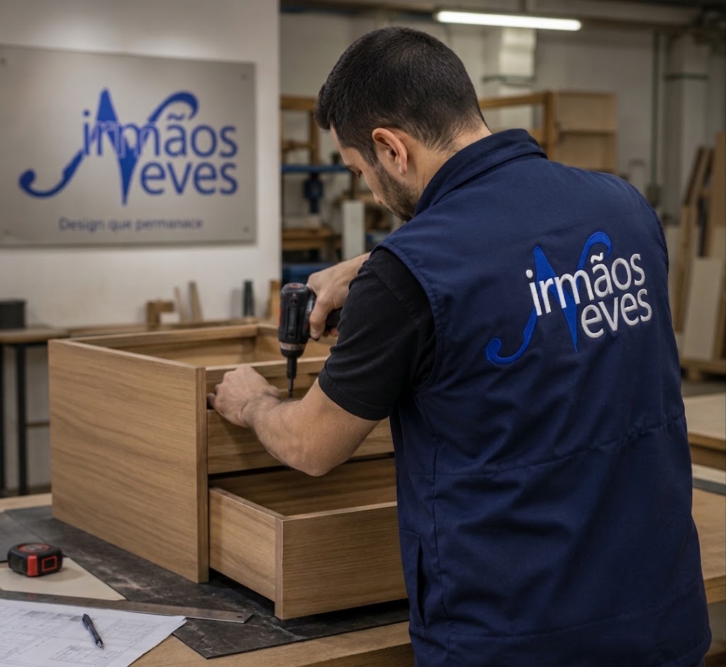 Montagem de uma peça de mobiliário numa bancada da Irmãos Neves